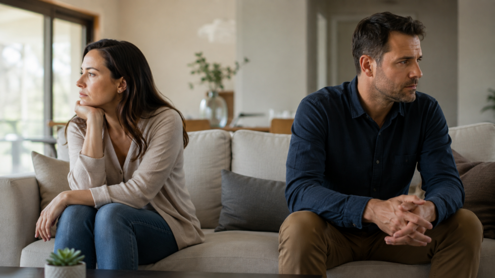 Couple sitting apart on a sofa during a tense conversation about divorce and relationship problems.