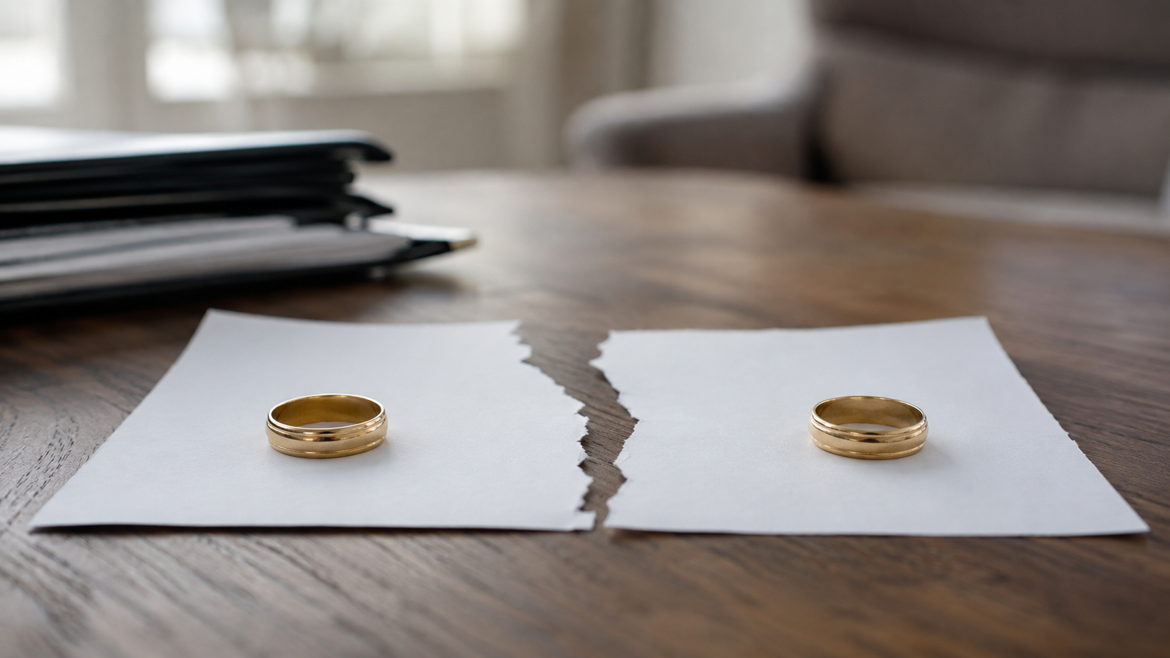 Torn paper and wedding bands representing divorce statistics in New Jersey