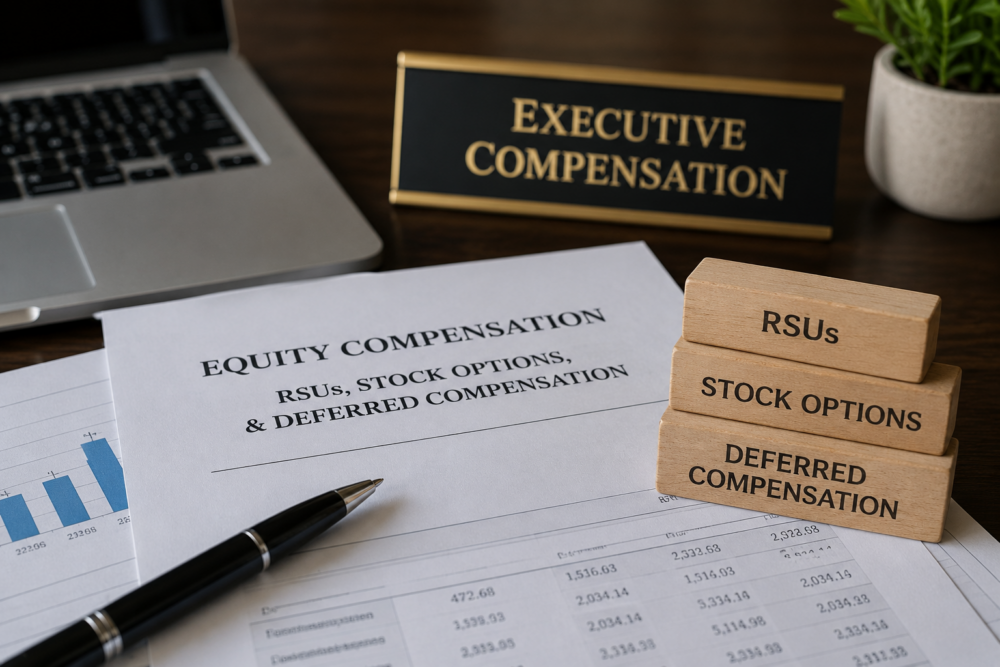 Executive compensation documents featuring RSUs, stock options, and deferred compensation on an office desk.