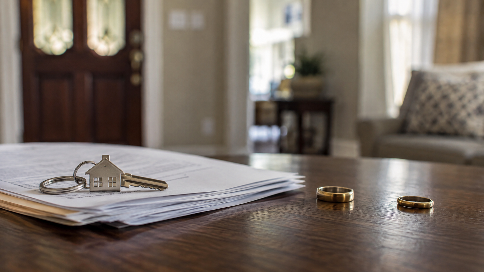 House keys, divorce documents, and separated wedding rings on a table.