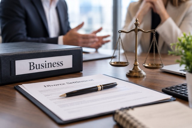 Binder labeled “Business” beside a divorce settlement document and brass scales of justice on an office table.