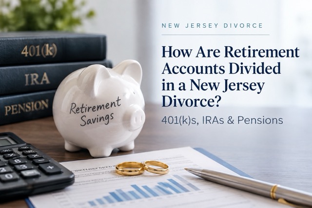 Wedding rings on a divorce settlement document beside a retirement piggy bank and books labeled 401(k), IRA, and pension.
